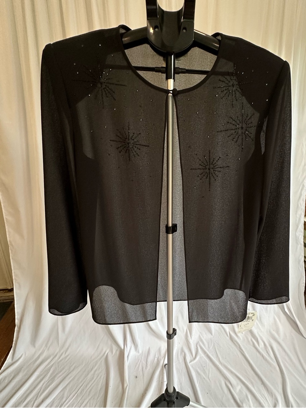 Adrianna Papell Black Sheer Beaded Open-Front Jacket
